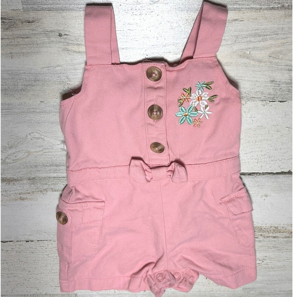 Little Lass Romper Baby Girls 12M Pink Excellent Floral Embroidered Cotton Bow